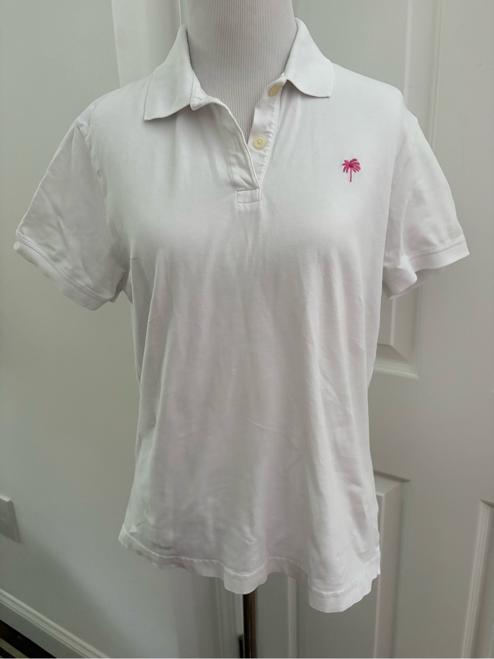 Lilly Pulitzer White Polo with Pink Palm Logo Sz L